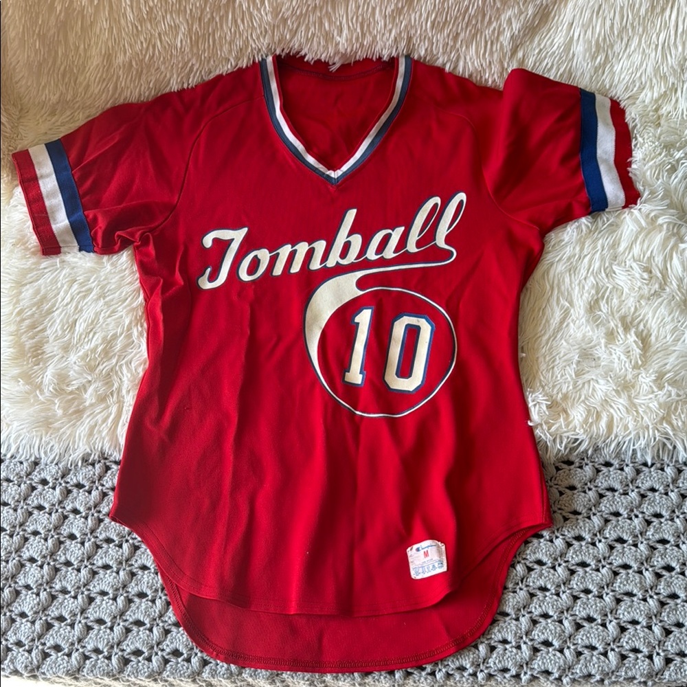 Vintage Tomball Baseball Champion Red V-Neck Jersey with Striped Sleeves